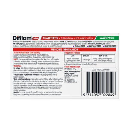 Difflam Plus Anaesthetic Sore Throat Lozenges Blackcurrant Flavour 32 Lozenges