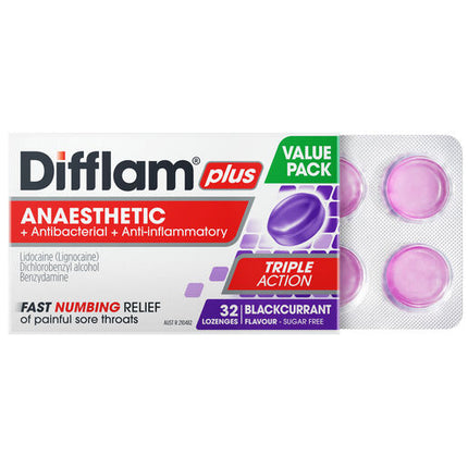 Difflam Plus Anaesthetic Sore Throat Lozenges Blackcurrant Flavour 32 Lozenges