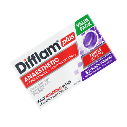 Difflam Plus Anaesthetic Sore Throat Lozenges Blackcurrant Flavour 32 Lozenges