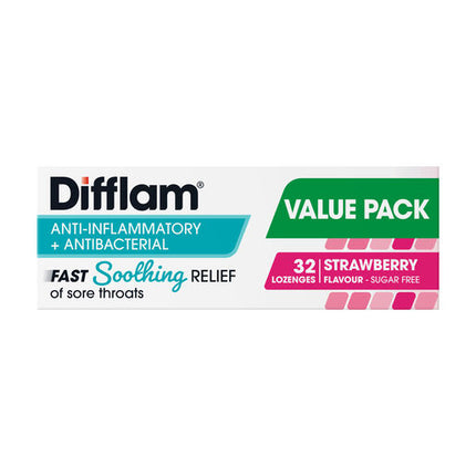 Difflam Sore Throat Dual Action Anti-inflammatory + Antibacterial Value Pack Strawberry Flavour 32 Lozenges