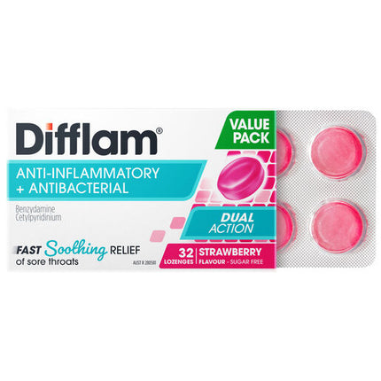 Difflam Sore Throat Dual Action Anti-inflammatory + Antibacterial Value Pack Strawberry Flavour 32 Lozenges