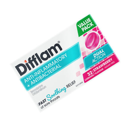 Difflam Sore Throat Dual Action Anti-inflammatory + Antibacterial Value Pack Strawberry Flavour 32 Lozenges