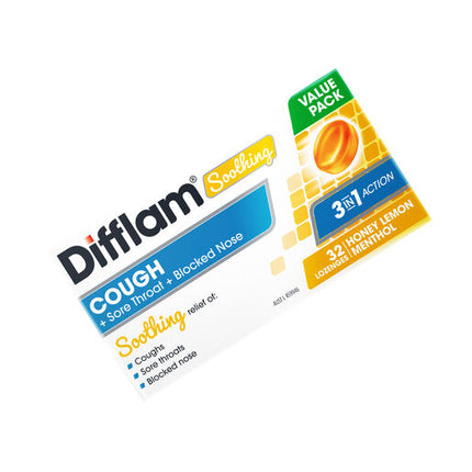 Difflam Soothing Cough + Sore Throat + Blocked Nose Honey Lemon Menthol 32 Lozenges