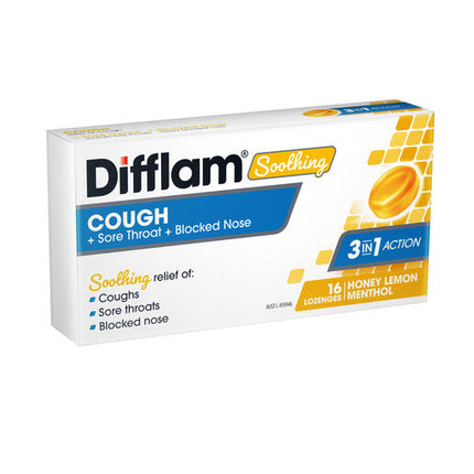 Difflam Soothing Cough Sore Throat Blocked Nose Honey Lemon 16 Lozenges