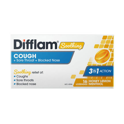 Difflam Soothing Cough Sore Throat Blocked Nose Honey Lemon 16 Lozenges