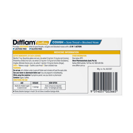 Difflam Soothing Cough Sore Throat Blocked Nose Honey Lemon 16 Lozenges