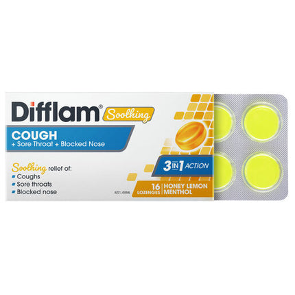 Difflam Soothing Cough Sore Throat Blocked Nose Honey Lemon 16 Lozenges