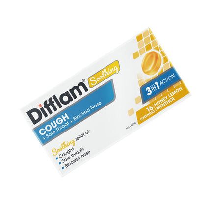 Difflam Soothing Cough Sore Throat Blocked Nose Honey Lemon 16 Lozenges