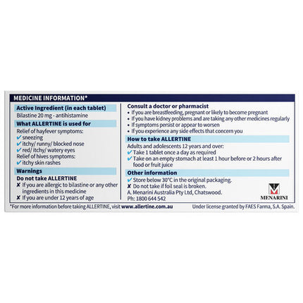 Allertine 20mg Tablets 10 - Bilastine (S2)