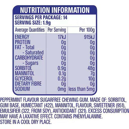 Wrigley Extra Peppermint Sugar Free Chewing Gum 14 Pieces 27g