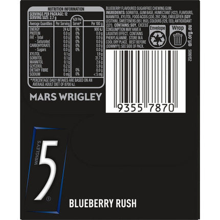 Wrigley 5 Gum Blueberry Sugar Free Gum 12pc 32g