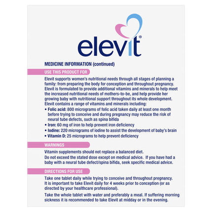 Elevit Pre-Conception and Pregnancy Multivitamin Tablets 100 pack (100 days) New Formula