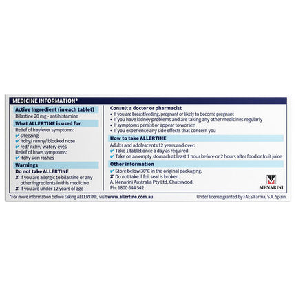Allertine Bilastine 20mg - 50 Blister Tablets