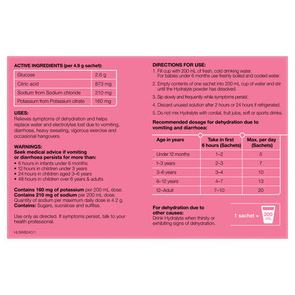 Hydralyte Watermelon Burst Flavoured Electrolyte Powder 24 Sachets