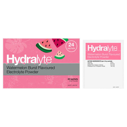 Hydralyte Watermelon Burst Flavoured Electrolyte Powder 24 Sachets