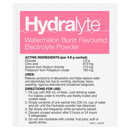 Hydralyte Watermelon Burst Flavoured Electrolyte Powder 24 Sachets