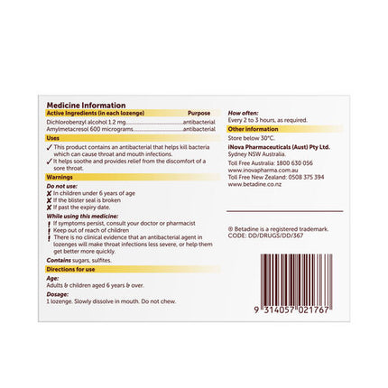 Betadine Sore Throat Honey and Lemon Lozenges 16