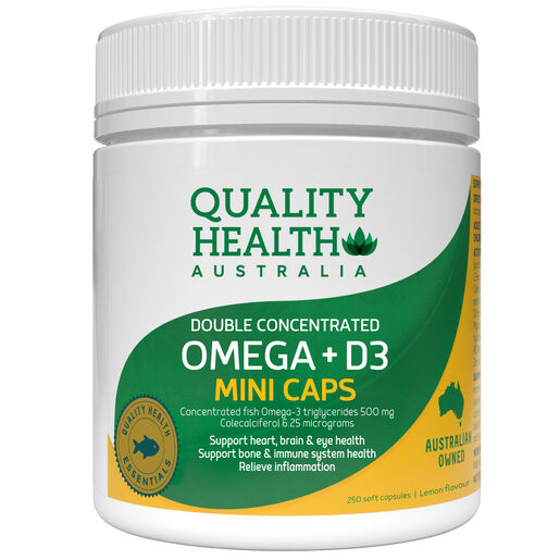 Quality Health Double Concentrated Omega + Vitamin D3 Mini Capsules 250