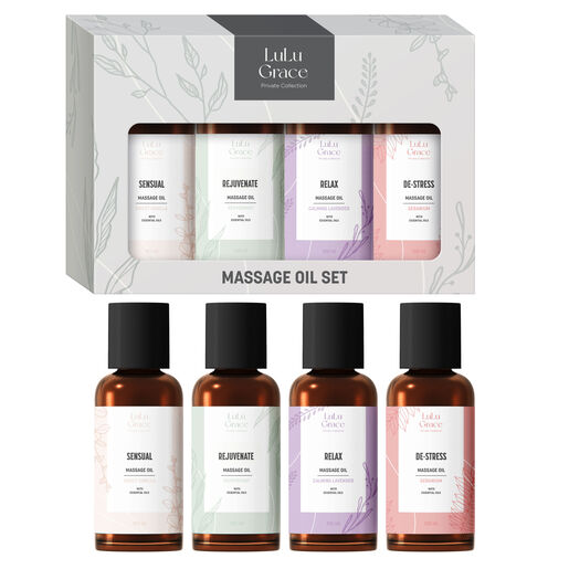 Lulu Grace Massage Oil Value Pack Geranium, Peppermint, Vanilla, Lavender 4 x 100ml