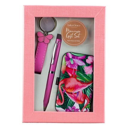 Lulu Grace Gift Set Flamingo Manicure Kit Pen & Key Ring in Gift Box