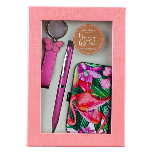 Lulu Grace Gift Set Flamingo Manicure Kit Pen & Key Ring in Gift Box