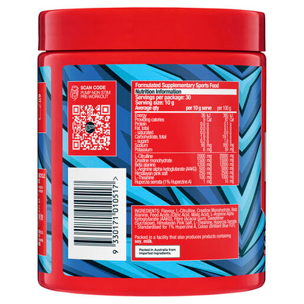 Body Science BSc PUMP Non Stim Pre-Workout Blue Sour Straps Flavour 30 Pack 300g