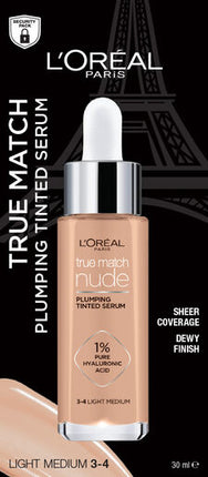 L'Oréal Paris True Match Nude Plumping Tinted Serum Foundation with Hyaluronic Acid Shade 3-4 Light Medium 30ml