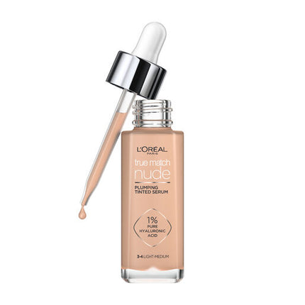 L'Oréal Paris True Match Nude Plumping Tinted Serum Foundation with Hyaluronic Acid Shade 3-4 Light Medium 30ml