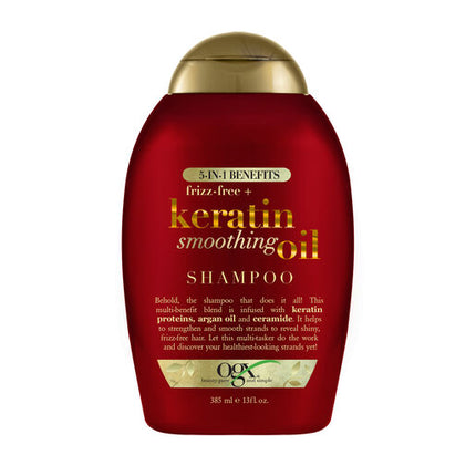 OGX Frizz Free + Keratin Smoothing Oil 5 in 1 Benefits Shampoo For Frizzy Hair 385mL