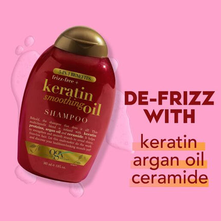 OGX Frizz Free + Keratin Smoothing Oil 5 in 1 Benefits Shampoo For Frizzy Hair 385mL