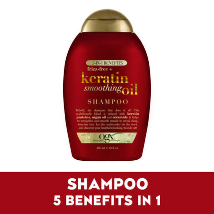 OGX Frizz Free + Keratin Smoothing Oil 5 in 1 Benefits Shampoo For Frizzy Hair 385mL