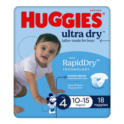 Huggies Ultra Dry Nappies Toddler Boys 18 Pack