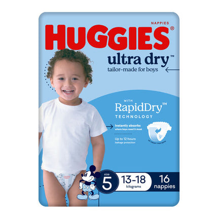Huggies Ultra Dry Nappies Walker Boys 16 Pack