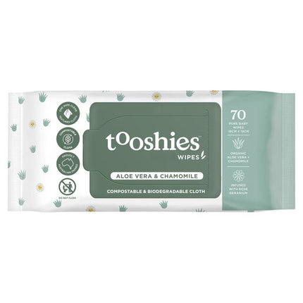 Tooshies Biodegradable Baby Wipes Aloe Vera + Chamomile 70 Pack