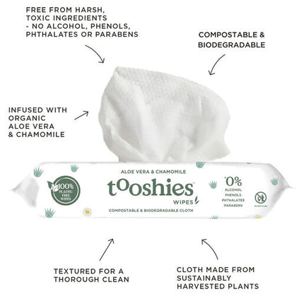 Tooshies Biodegradable Baby Wipes Aloe Vera + Chamomile 70 Pack