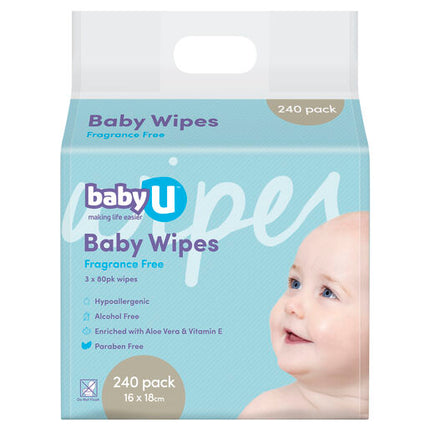 Baby U Baby Wipes Fragrance Free 240 Pack