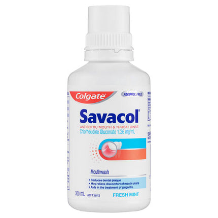 Colgate Savacol Antiseptic Mouth and Throat Rinse Mouthwash 300mL Alcohol Free Fresh Mint