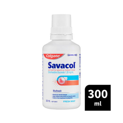 Colgate Savacol Antiseptic Mouth and Throat Rinse Mouthwash 300mL Alcohol Free Fresh Mint