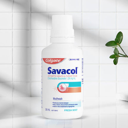 Colgate Savacol Antiseptic Mouth and Throat Rinse Mouthwash 300mL Alcohol Free Fresh Mint