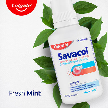 Colgate Savacol Antiseptic Mouth and Throat Rinse Mouthwash 300mL Alcohol Free Fresh Mint