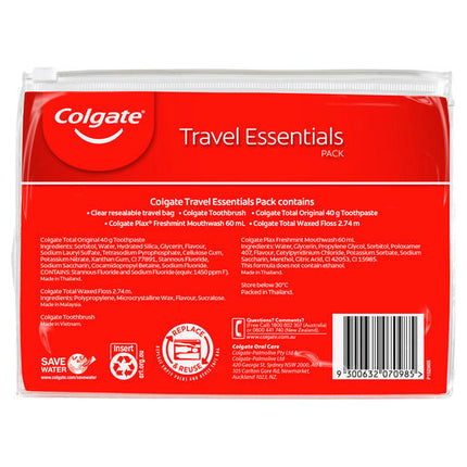 Colgate Travel Essentials Kit, 1 Pack, Toothbrush, Toothpaste, Mouthwash, Floss and Travel Bag Pack