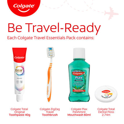 Colgate Travel Essentials Kit, 1 Pack, Toothbrush, Toothpaste, Mouthwash, Floss and Travel Bag Pack