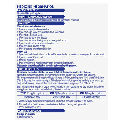 Nicabate Clear Patch Stop Smoking Transdermal Nicotine Patch 21mg 14 Pack