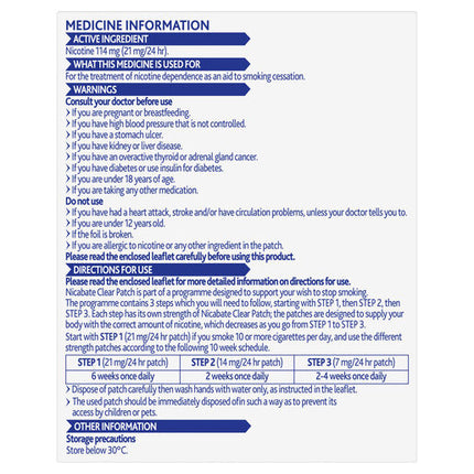 Nicabate Clear Patch Stop Smoking Transdermal Nicotine Patch 21mg 7 Pack