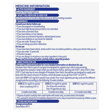 Nicabate Clear Patch Stop Smoking Transdermal Nicotine Patch 14mg 7 Pack