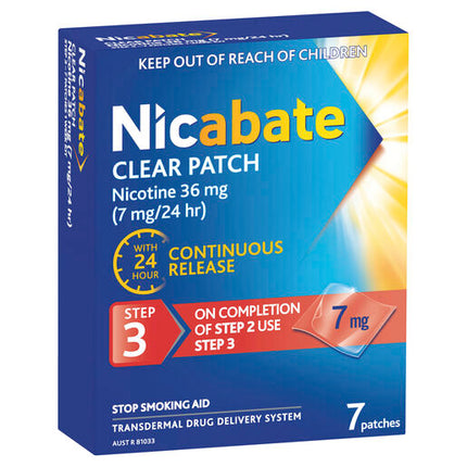 Nicabate Clear Patch Stop Smoking Transdermal Nicotine Patch 7mg 7 Pack
