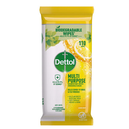 Dettol Multipurpose Disinfectant Wipes Lemon Burst Household Grade, 110 Pack