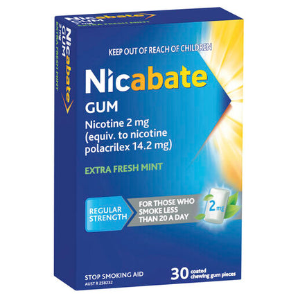 Nicabate Gum Stop Smoking Nicotine 2mg Regular Strength Extra Fresh Mint 30 Pack