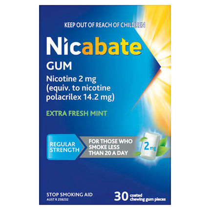 Nicabate Gum Stop Smoking Nicotine 2mg Regular Strength Extra Fresh Mint 30 Pack