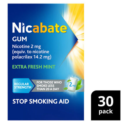 Nicabate Gum Stop Smoking Nicotine 2mg Regular Strength Extra Fresh Mint 30 Pack